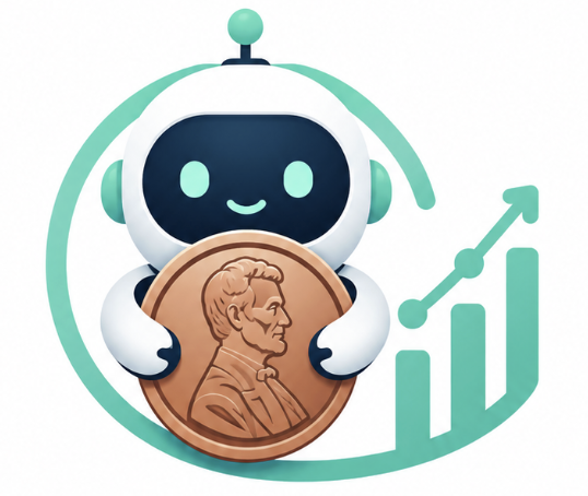 AIPennyPal mascot holding a penny with a growth chart